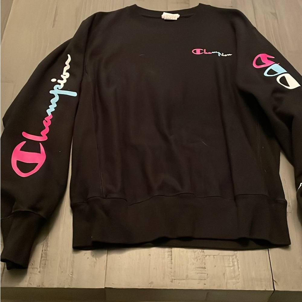 Champion Women's Black Sweatshirt with Pink and Blue Accents